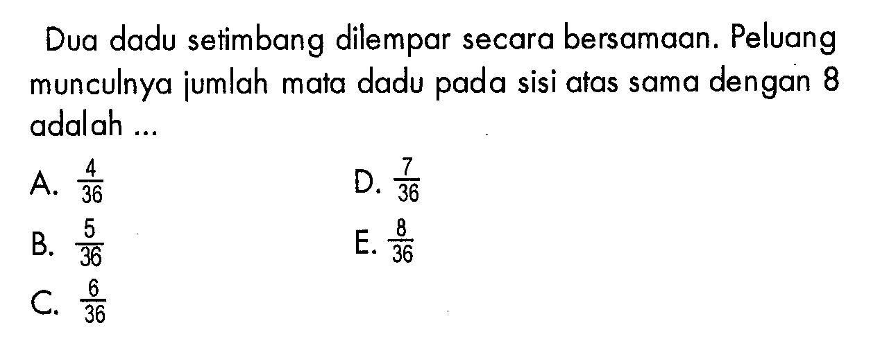 Dua dadu setimbang dilempar secara bersamaan. Peluang munculnya jumlah mata dadu pada sisi atas sama dengan 8 adalah ....