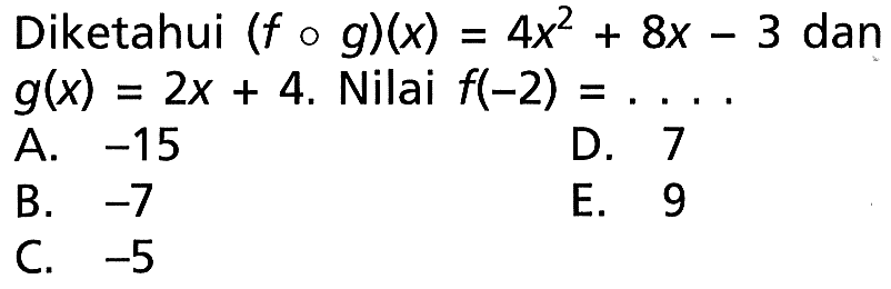 Diketahui  (f o g)(x)=4x^2+8x-3  dan  g(x)=2x+4 .  Nilai  f(-2)=... . 