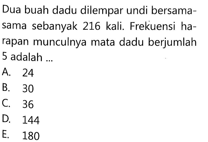 Dua buah dadu dilempar undi bersamasama sebanyak 216 kali. Frekuensi harapan munculnya mata dadu berjumlah 5 adalah ...