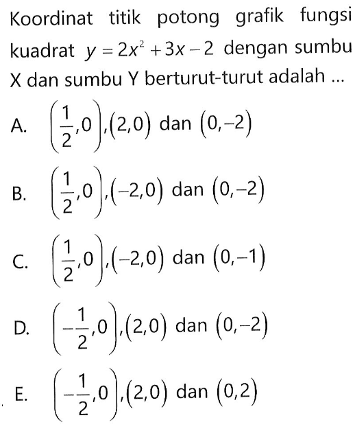 Koordinat titik potong grafik fungsi kuadrat  y=2x^2+3x-2  dengan sumbu  X  dan sumbu  Y  berturut-turut adalah ...