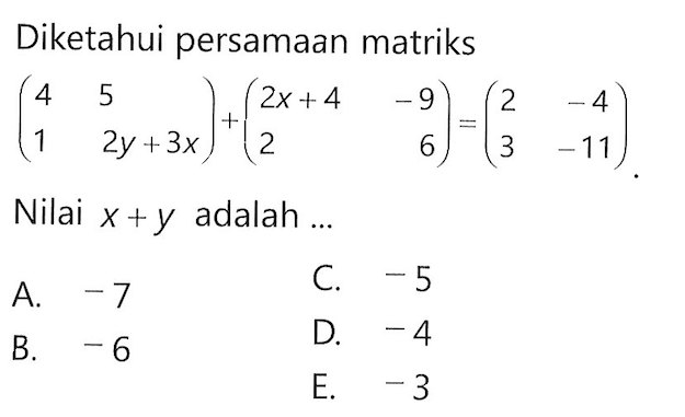 Diketahui persamaan matriks (2 4 1 2y+3x)+(2x+4 -9 2 6)=(2 -4 3 -11) Nilai x+y adalah ....