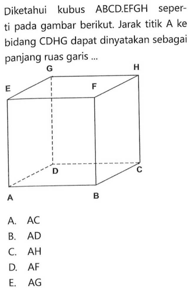 Diketahui kubus ABCDEFGH seper- gambar berikut: Jarak titik A ke ti pada bidang CDHG dapat dinyatakan sebagai panjang ruas garis