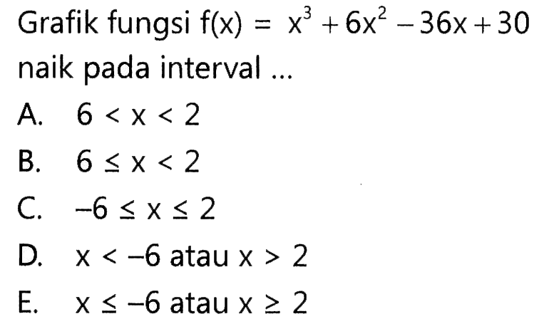 Grafik fungsi f(x)=x^3+6x^2-36x+30 naik pada interval ...