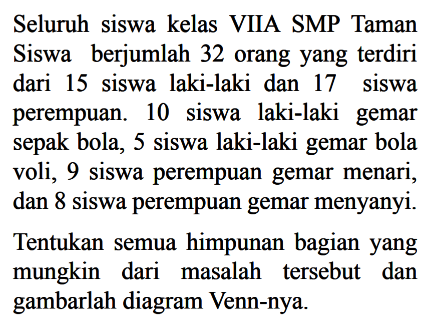 Seluruh  siswa kelas VIIA SMP Taman Siswa berjumlah 32 orang yang terdiri dari 15 siswa laki-laki dan 17 siswa perempuan. 10 siswa laki-laki gemar sepak bola, 5 siswa laki-laki gemar bola voli, 9 siswa perempuan gemar menari, dan 8 siswa perempuan gemar menyanyi. Tentukan semua himpunan bagian yang mungkin dari masalah tersebut dan gambarlah diagram Venn-nya.