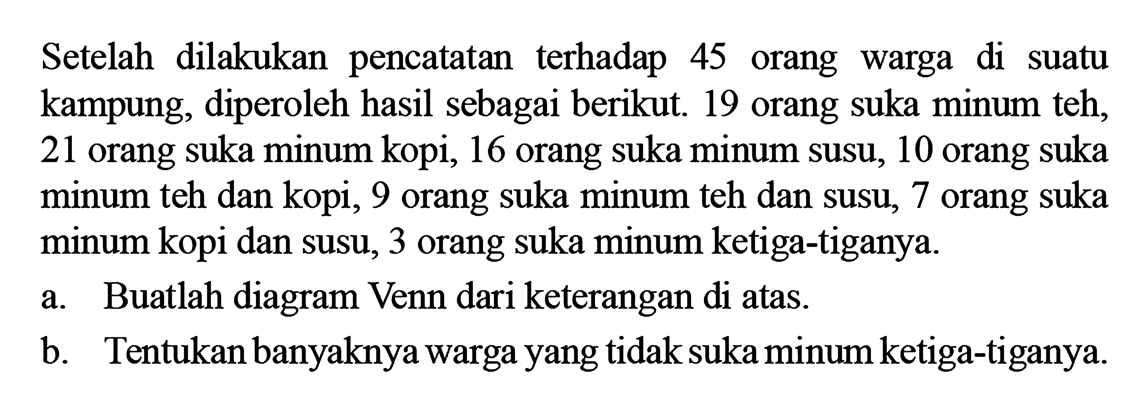 Setelah dilakukan pencatatan terhadap 45 orang warga di suatu kampung, diperoleh hasil sebagai berikut. 19 orang suka minum teh, 21 orang suka minum kopi, 16 orang suka minum susu, 10 orang suka minum teh dan kopi, 9 orang suka minum teh dan susu, 7 orang suka minum kopi dan susu, 3 orang suka minum ketiga-tiganya. a. Buatlah diagram Venn dari keterangan di atas. b. Tentukan banyaknya warga yang tidak suka minum ketiga-tiganya.