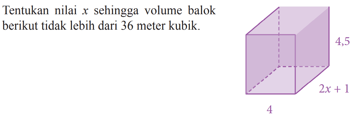 Tentukan nilai x sehingga volume balok berikut tidak lebih dari 36 meter kubik.