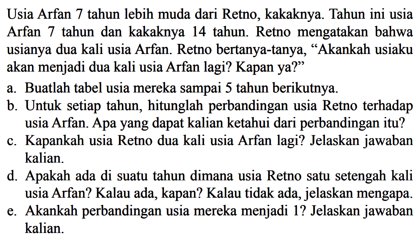 Usia Arfan 7 tahun lebih muda dari Retno, kakaknya. Tahun ini usia Arfan 7 tahun dan kakaknya 14 tahun. Retno mengatakan bahwa usianya dua kali usia Arfan. Retno bertanya-tanya, 'Akankah usiaku akan menjadi dua kali usia Arfan lagi? Kapan ya?'a. Buatlah tabel usia mereka sampai 5 tahun berikutnya.b. Untuk setiap tahun, hitunglah perbandingan usia Retno terhadap usia Arfan. Apa yang dapat kalian ketahui dari perbandingan itu?c. Kapankah usia Retno dua kali usia Arfan lagi? Jelaskan jawaban kalian.d. Apakah ada di suatu tahun dimana usia Retno satu setengah kali usia Arfan? Kalau ada, kapan? Kalau tidak ada, jelaskan mengapa.e. Akankah perbandingan usia mereka menjadi 1? Jelaskan jawaban kalian.