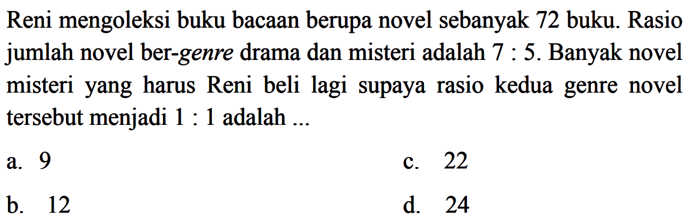 Reni mengoleksi buku bacaan berupa novel sebanyak 72 buku. Rasio jumlah novel ber-genre drama dan misteri adalah  7 : 5 . Banyak novel misteriyang harus Reni beli lagi supaya rasio kedua genre novel tersebut menjadi 1 : 1 adalah ...