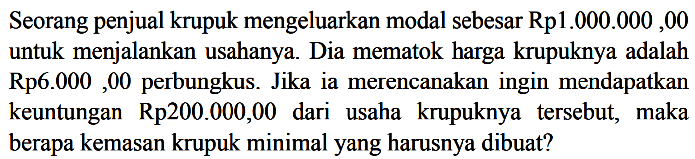 Seorang penjual krupuk mengeluarkan modal sebesar Rp1.000.000 ,00 untuk menjalankan usahanya. Dia mematok harga krupuknya adalah Rp6.000,00 perbungkus. Jika ia merencanakan ingin mendapatkan keuntungan Rp200.000,00 dari usaha krupuknya tersebut, maka berapa kemasan krupuk minimal yang harusnya dibuat?