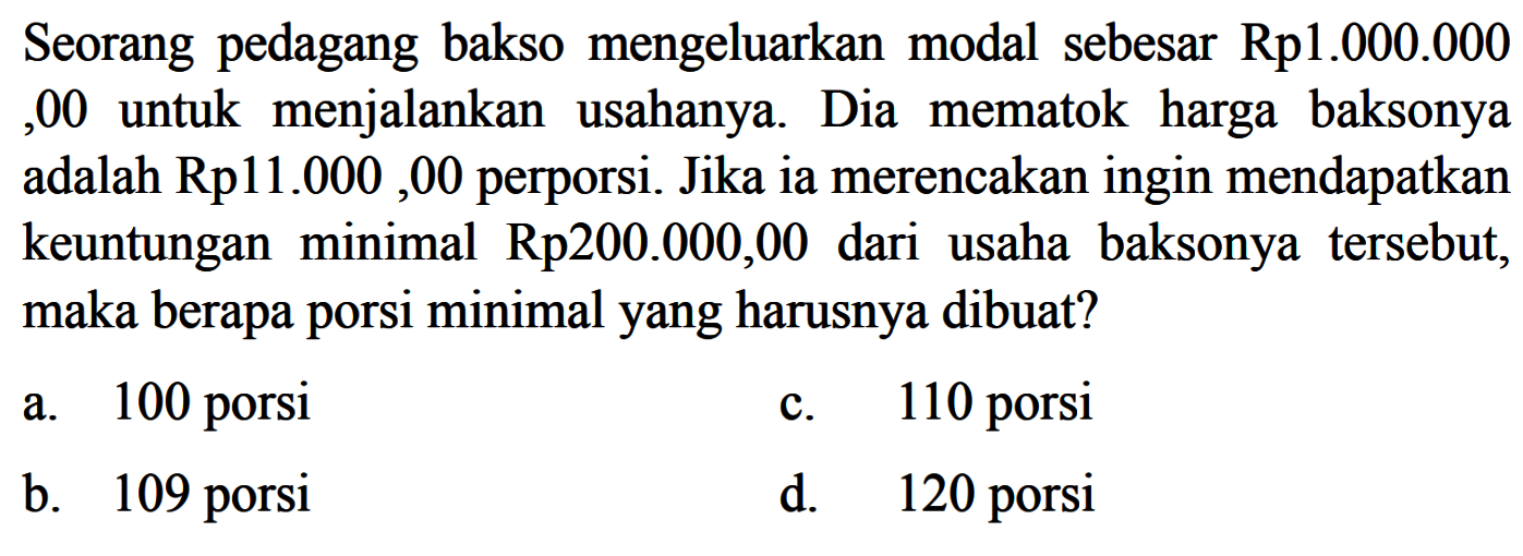 Seorang pedagang bakso mengeluarkan modal sebesar  Rp 1.000.000,00 untuk menjalankan usahanya. Dia mematok harga baksonya adalah Rp11.000,00 perporsi. Jika ia merencanakan ingin mendapatkan keuntungan minimal Rp200.000,00 dari usaha baksonya tersebut, maka berapa porsi minimalyang harusnya dibuat?