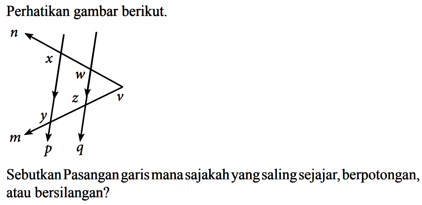 Perhatikan gambar berikut.Sebutkan Pasangan garis mana sajakahyang saling sejajar, berpotongan, atau bersilangan?