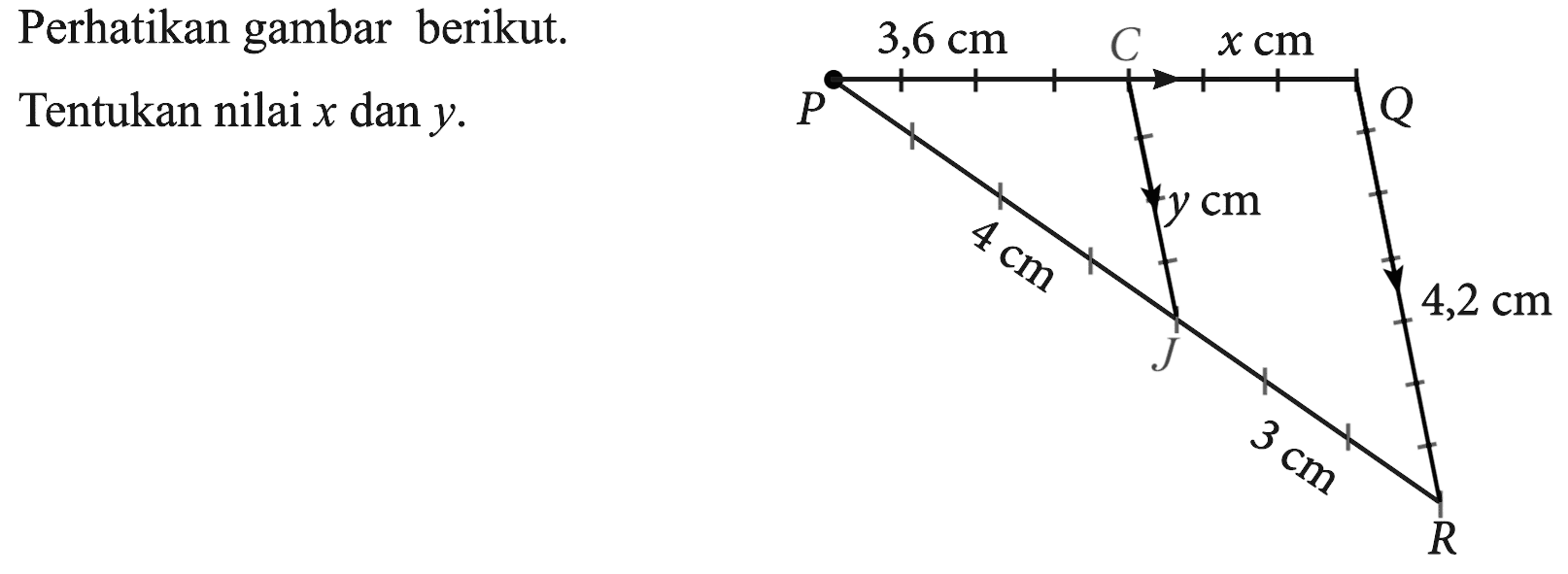 Perhatikan gambar berikut.Tentukan nilai x dan y. 3,6 cm x cm, y cm, 4 cm, 3 cm, 4,2 cm