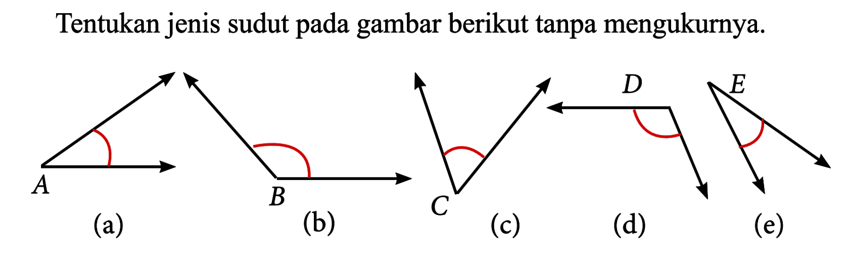 Tentukan jenis sudut pada gambar berikut tanpa mengukurnya.(d)(e)