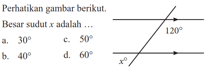 Perhatikan gambar berikut.Besar sudut x  adalah  .... 