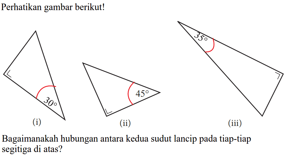 Perikan gambar berikut! (i) 30 (ii) 45 (iii) 35 Bagaimanakah hubungan antara kedua sudut lancip pada tiap-tiap segitiga di atas?