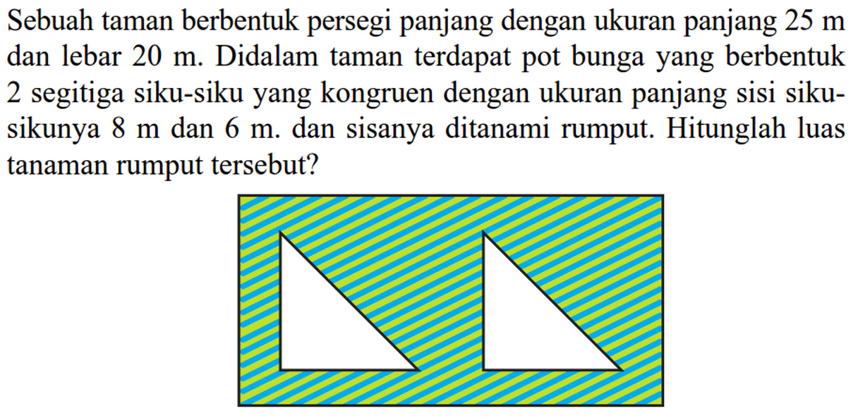 Sebuah taman berbentuk persegi panjang dengan ukuran panjang  25 m  dan lebar  20 m . Didalam taman terdapat pot bungayang berbentuk 2 segitiga siku-sikuyang kongruen dengan ukuran panjang sisi sikusikunya  8 m  dan  6 m . dan sisanya ditanami rumput. Hitunglah luas tanaman rumput tersebut?