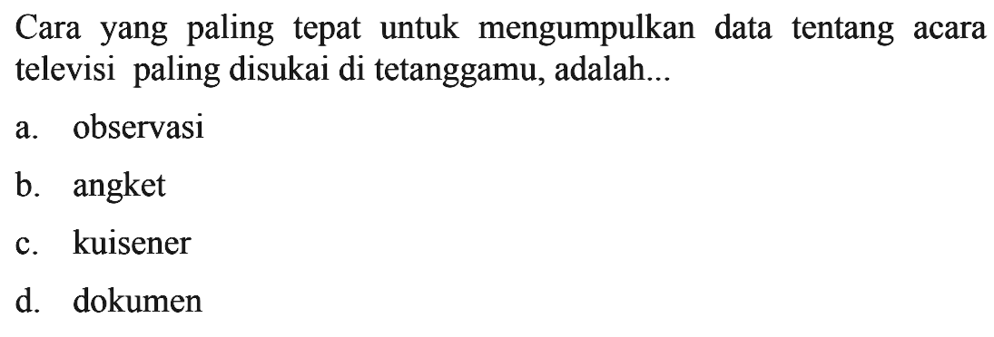 Cara yang paling tepat untuk mengumpulkan data tentang acara televisi paling disukai di tetanggamu, adalah...