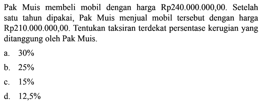 Pak Muis membeli mobil dengan harga Rp240.000.000,00. Setelah satu tahun dipakai, Pak Muis menjual mobil tersebut dengan harga Rp210.000.000,00. Tentukan taksiran terdekat persentase kerugianyang ditanggung oleh Pak Muis.