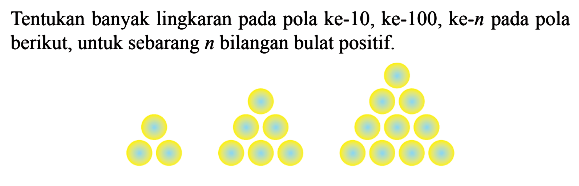 Tentukan banyak lingkaran pada pola ke-10, ke-100, ke-n pada pola berikut, untuk sebarang n bilangan bulat positif.