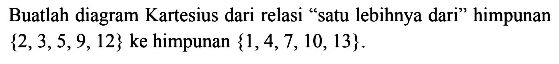 Buatlah diagram Kartesius dari relasi "satu lebih
 nya dari" himpunan {2,3,5,9,12} ke himpunan
 {1,4,7,10,13}