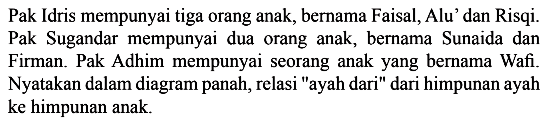 Pak Idris mempunyai tiga orang anak, bernama Faisal, Alu' dan Risqi. Pak Sugandar mempunyai dua orang anak, bernama Sunaida dan Firman. Pak Adhim mempunyai seorang anak yang bernama Wafi. Nyatakan dalam diagram panah, relasi "ayah dari" dari himpunan ayah ke himpunan anak.