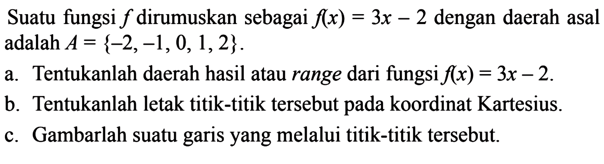 Suatu fungsi f dirumuskan sebagai f(x) = 3x - 2 dengan daerah asal adalah A = {-2, -1, 0, 1, 2}.
 a. Tentukanlah daerah hasil atau range dari fungsi f(x) = 3x - 2.
 b. Tentukanlah letak titik-titik tersebut pada koordinat Kartesius 
 c. Gambarlah suatu garis yang melalui titik-titik tersebut.