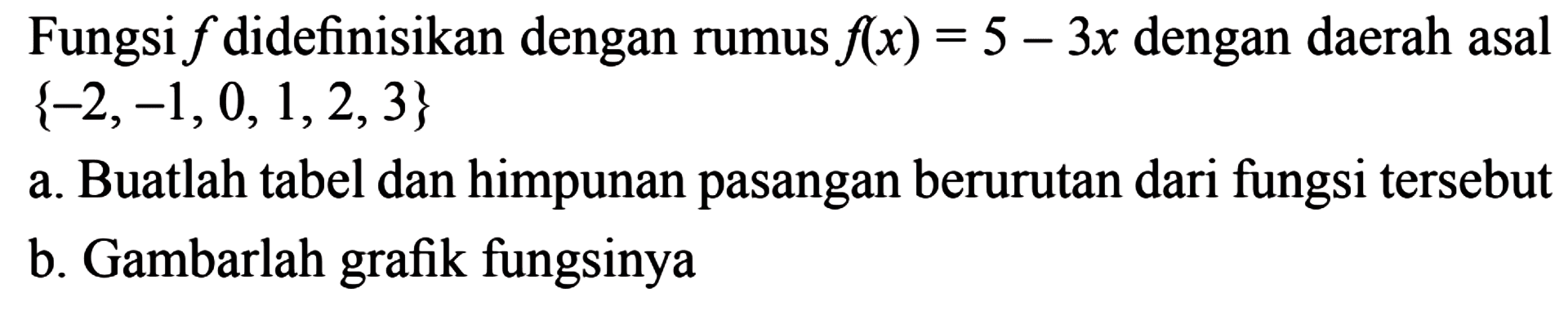 Fungsi f didefinisikan dengan rumus f(x) = 5 - 3x dengan daerah asal {-2, -1, 0, 1, 2, 3} 
 a. Buatlah tabel dan himpunan pasangan berurutan dari fungsi tersebut 
 b. Gambarlah grafik fungsinya