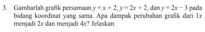 Gambarlah grafik persamaan y = x + 2,y = 2x + 2,dan y = 2x - 3 pada bidang koordinat yang sama. Apa dampak perubahan grafik dari 1x menjadi 2x dan menjadi 4x? Jelaskan.