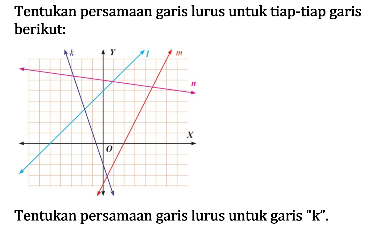 Tentukan persamaan garis lurus untuk tiap-tiap garis berikut: Tentukan persamaan garis lurus untuk garis "k".