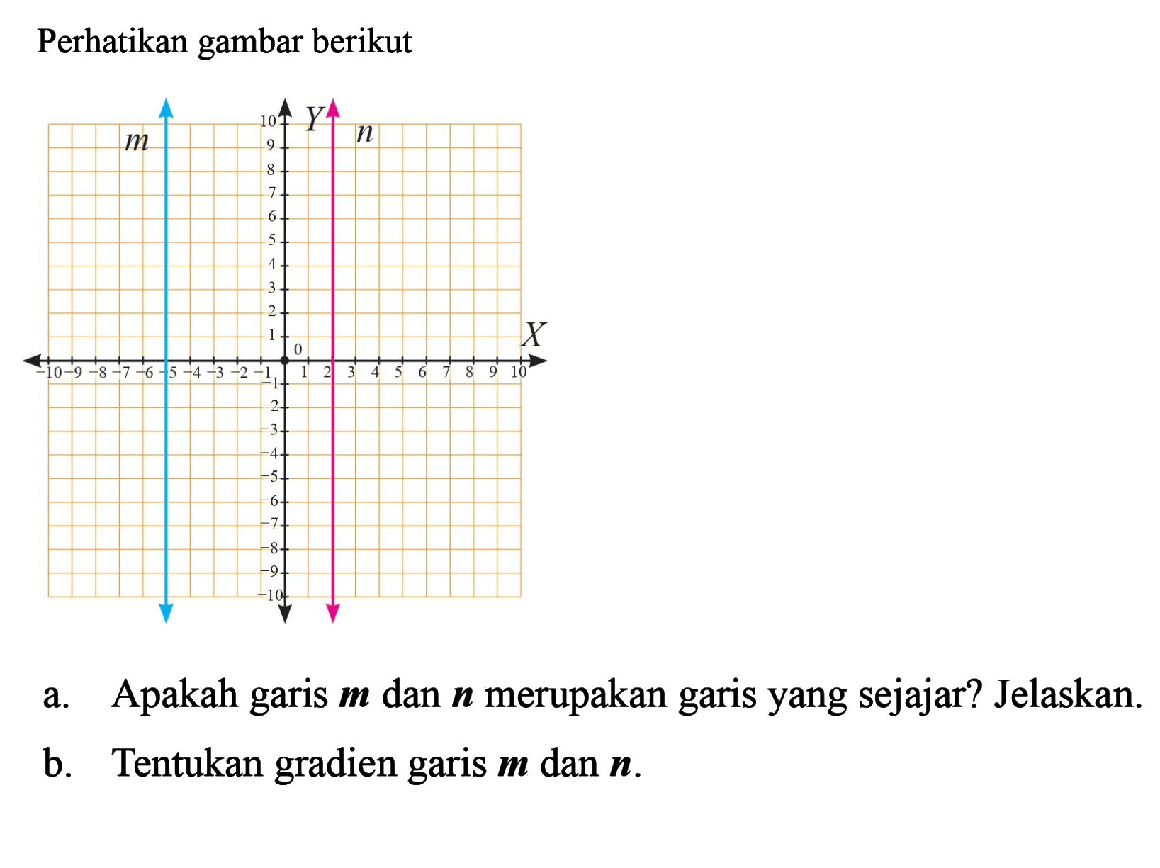 Perhatikan gambar berikut a. Apakah garis m dan n merupakan garis yang sejajar? Jelaskan. b. Tentukan gradien garis m dan n.