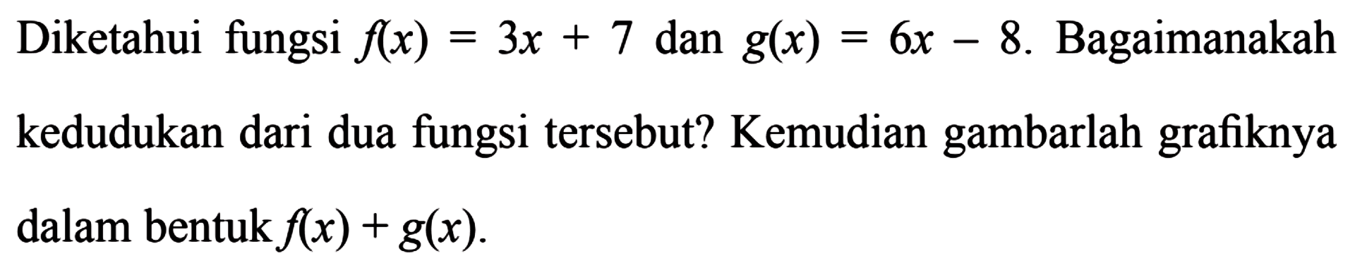 Diketahui fungsi f(x) = 3x + 7 dan g(x) = 6x - 8. Bagaimanakah kedudukan dari dua fungsi tersebut? Kemudian gambarlah grafiknya dalam bentuk f(x) + g(x).