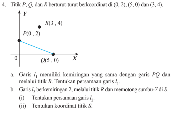 Titik P, Q, dan R berturut-turut berkoordinat di (0, 2), (5, 0) dan (3, 4). a. Garis l1 memiliki kemiringan yang sama dengan garis PQ dan melalui titik R. Tentukan persamaan garis l1. b. Garis l2 berkemiringan 2, melalui titik R dan memotong sumbu-Y di S. (i) Tentukan persamaan garis l2. (ii) Tentukan koordinat titik S.