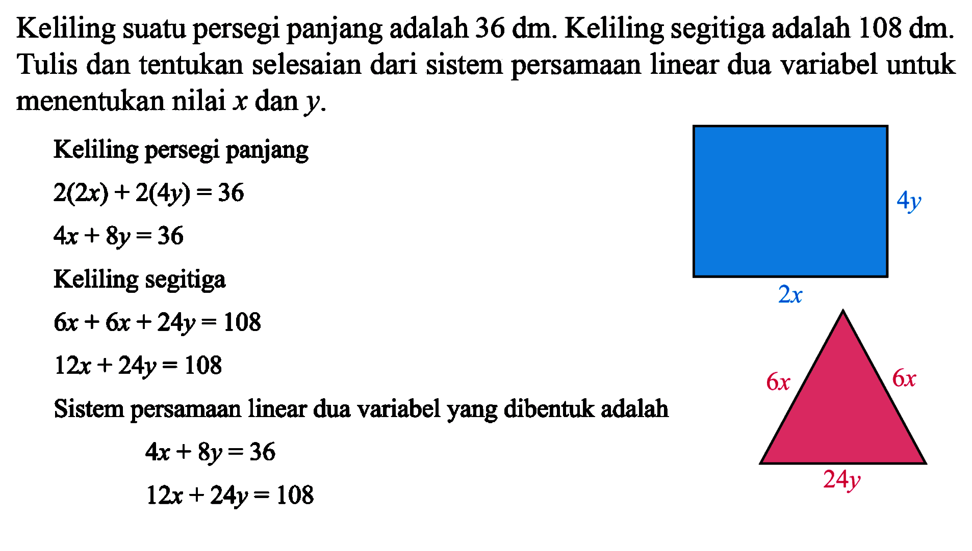 Keliling suatu persegi panjang adalah 36 dm. Keliling segitiga adalah 108 dm. Tulis dan tentukan selesaian dari sistem persamaan linear dua variabel untuk menentukan nilai x dan y. Keliling persegi panjang 2(2x) + 2(4y) = 36  4x + 8y = 36 Keliling segitiga 6x+ 6x + 24y = 108 12x + 24y = 108 Sistem persamaan linear dua variabel yang dibentuk adalah 4x + 8y = 36  12x + 24y = 108