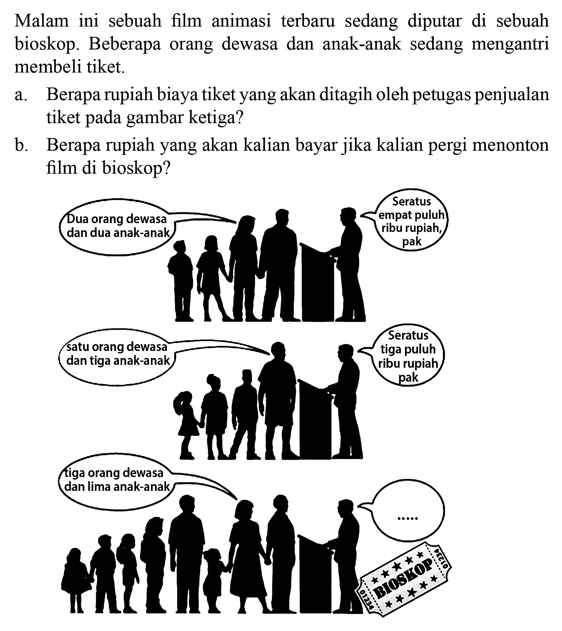 Malam ini sebuah film animasi baru sedang diputar di sebuah bioskop.Beberapa orang dewasa dan anak-anak sedang mengantri membeli tiket. a. Berapa rupiah biaya tiket yang akan ditagih oleh petugas penjualan tiket pada gambar ketiga? b. Berapa rupiah yang akan kalian bayar jika kalian pergi menonton film di bioskop? Dua orang dewasa dan dua anak-anak Seratus empat puluh ribu rupiah, pak satu orang dewasa dan tiga anak-anak Seratus tiga puluh ribu rupiah pak tiga orang dewasa dan lima anak-anak ...