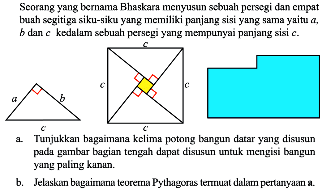 Seorang yang bernama Bhaskara menyusun sebuah persegi dan empat buah segitiga siku-siku yang memiliki panjang sisi yang sama yaitu a, b dan c kedalam sebuah persegi yang mempunyai panjang sisi  c. a. Tunjukkan bagaimana kelima potong bangun datar yang disusun pada gambar bagian tengah dapat disusun untuk mengisi bangun yang paling kanan. b. Jelaskan bagaimana teorema Pythagoras termuat dalam pertanyaan a.
