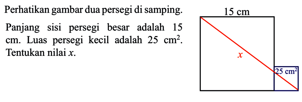 Perhatikan gambar dua persegi di samping. 15 cm X 25 cm. Panjang sisi persegi besar adalah 15 cm. Luas persegi kecil adalah 25 cm^2. Tentukan nilai x.