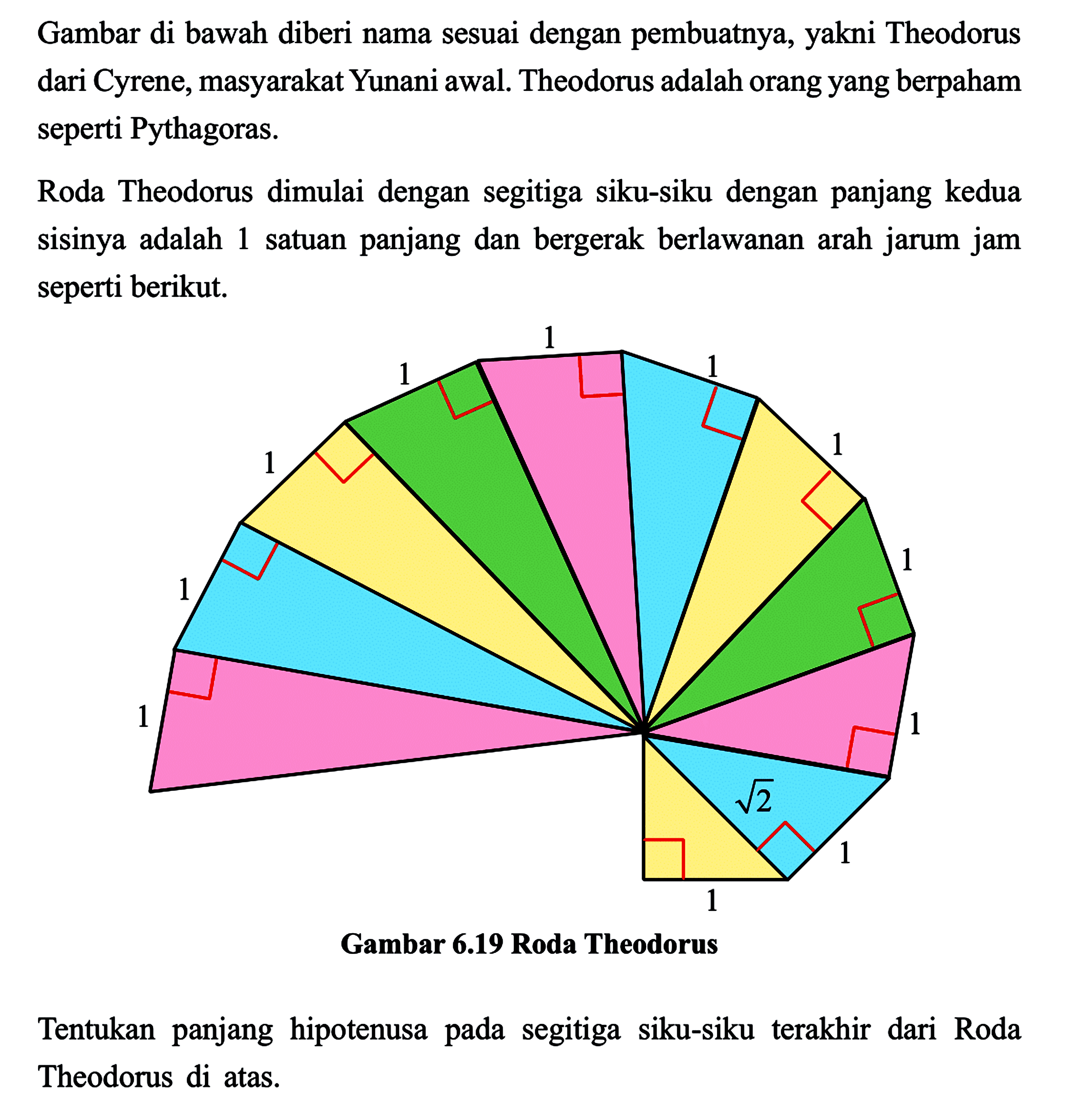 Gambar di bawah diberi nama sesuai dengan pembuatnya, yakni Theodorus dari Cyrene, masyarakat Yunani awal. Theodorus adalah orang yang berpaham seperti Pythagoras. Roda Theodorus dimulai dengan segitiga siku-siku dengan panjang kedua sisinya adalah 1 satuan panjang dan bergerak berlawanan arah jarum jam seperti berikut. Gambar 6.19 Roda Theodorus Tentukan panjang hipotenusa pada segitiga siku-siku terakhir dari Roda Theodorus di atas.