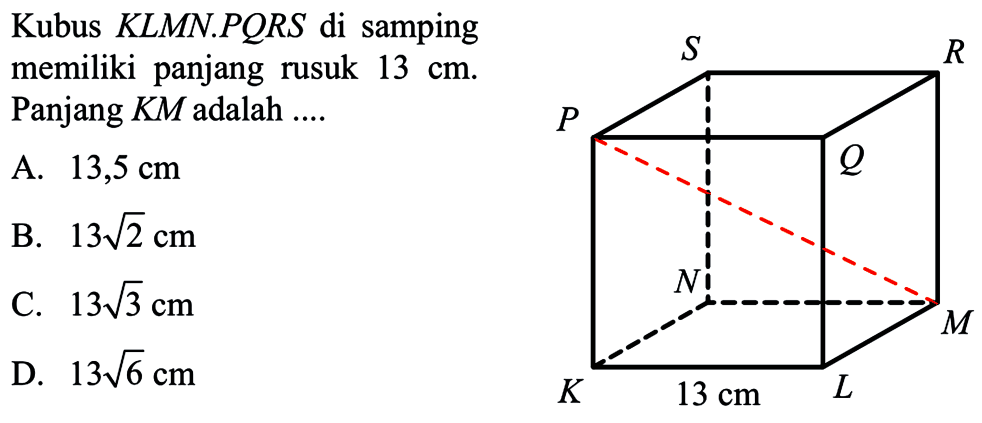 Kubus KLMN.PQRS di samping memiliki panjang rusuk 13 cm . Panjang  KM  adalah ....