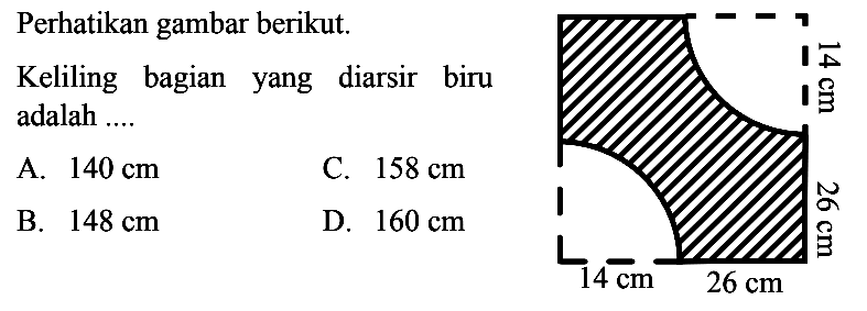 Perhatikan gambar berikut.Keliling bagianyang diarsir biru adalah ....