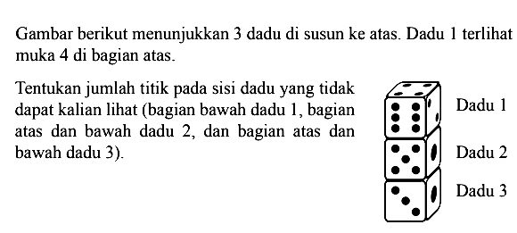 Gambar berikut menunjukkan 3 dadu di susun ke atas. Dadu 1 terlihat muka 4 di bagian atas. Tentukan jumlah titik pada sisi dadu yang tidak dapat kalian lihat (bagian bawah dadu 1, bagian atas dan bawah dadu 2, dan bagian atas dan bawah dadu 3). Dadu 1 Dadu 2 Dadu 3