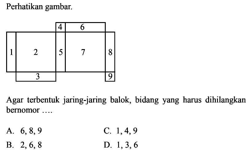 Perhatikan gambar. (4 6 1 2 3 5 7 8 3 9) Agar terbentuk jaring-jaring balok, bidang yang harus dihilangkan bernomor.... 