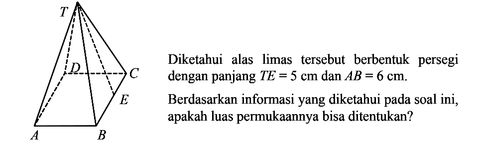 Diketahui alas limas  tersebut berbentuk persegi dengan panjang  TE=5 cm dan AB=6 cm .Berdasarkan informasi yang diketahui pada soal ini, apakah luas permukaannya bisa di tentukan?