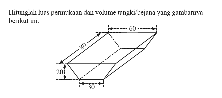 Hitunglah luas permukaan dan volume tangki/bejana yang gambarnya berikut ini. 60 80 20 30.