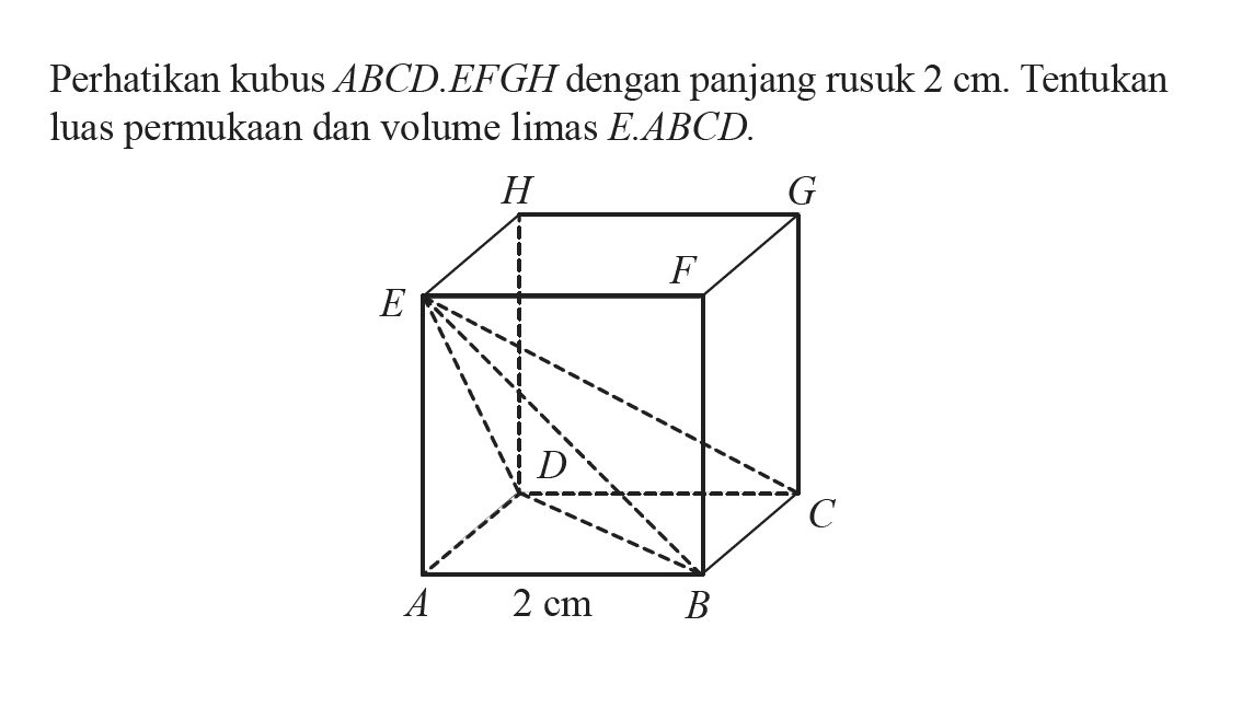 Perhatikan kubus  ABCD.EFGH dengan panjang rusuk 2 cm. Tentukan luas permukaan dan volume limas E.ABCD. H G F E D C A 2 cm B