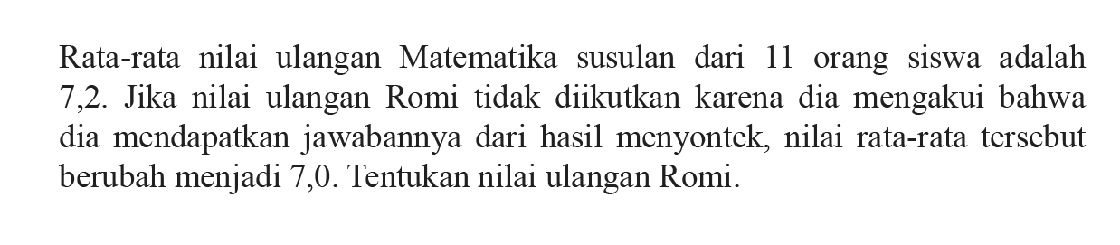 Rata-rata nilai ulangan Matematika susulan dari 11 orang siswa adalah 7,2. Jika nilai ulangan Romi tidak diikutkan karena dia mengakui bahwa dia mendapatkan jawabannya dari hasil menyontek, nilai rata-rata tersebut berubah menjadi 7,0. Tentukan nilai ulangan Romi.