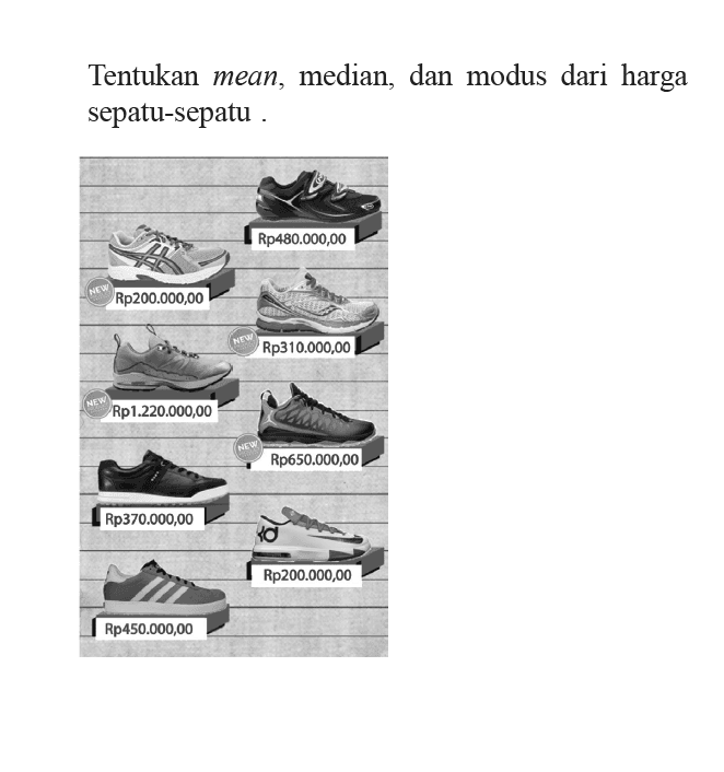 Tentukan mean, median, dan modus dari harga sepatu-sepatu .