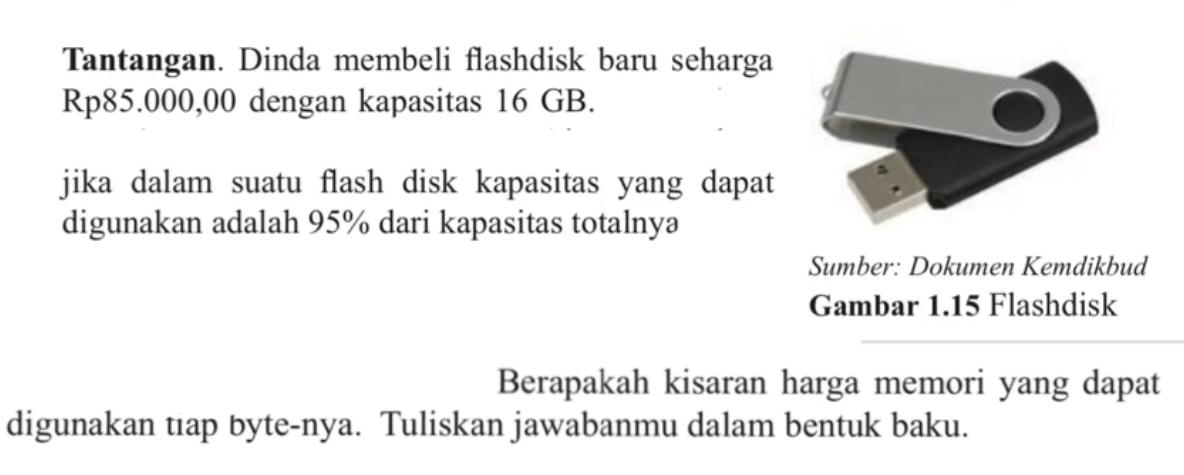 Tantangan. Dinda membeli flashdisk baru seharga Rp85.000,00 dengan kapasitas 16 GB. jika dalam suatu flash disk kapasitas yang dapat digunakan adalah 95% dari kapasitas totalnya Sumber: Dokumen Kemdikbud Gambar 1.15 Flashdisk Berapakah kisaran harga memori yang dapat digunakan tiap byte-nya. Tuliskan jawabanmu dalam bentuk baku.