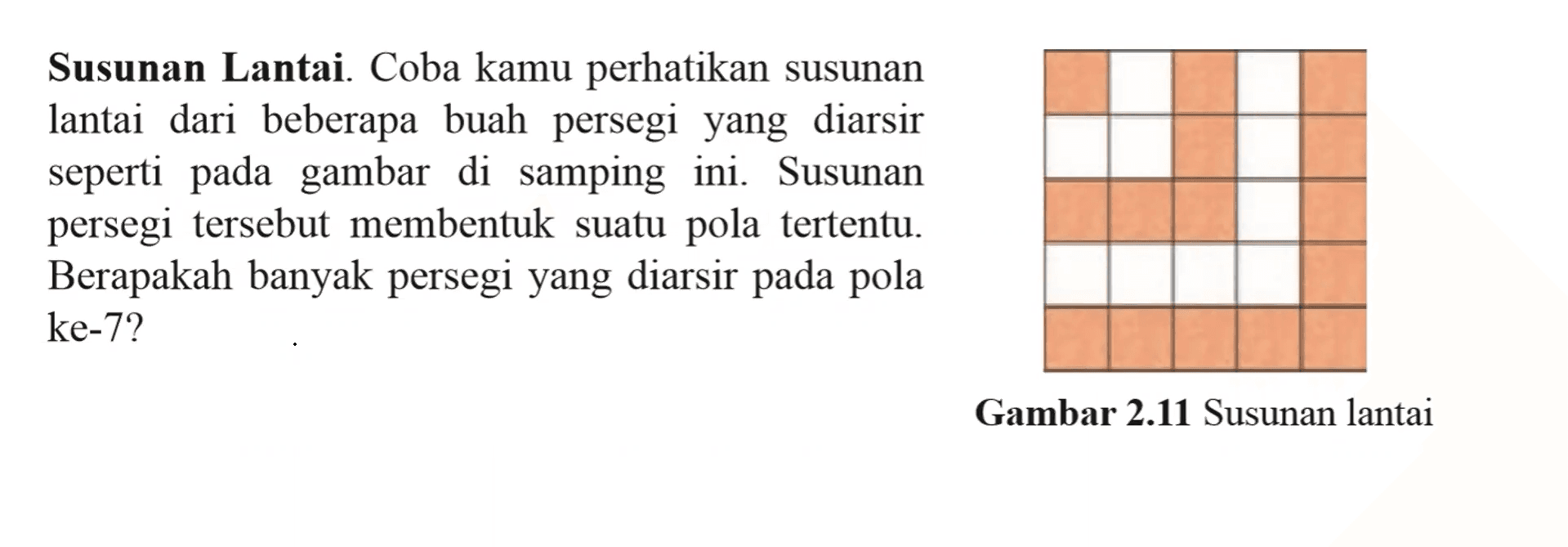 Susunan Lantai. Coba kamu perhatikan susunan lantai dari beberapa buah persegi yang diarsir seperti pada gambar di samping ini. Susunan persegi tersebut membentuk suatu pola tertentu. Berapakah banyak persegi yang diarsir pada pola ke-7?