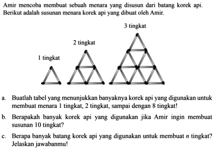 Amir mencoba membuat sebuah menara yang disusun dari batang korek api. Berikut adalah susunan menara korek api yang dibuat oleh Amir. a. Buatlah tabel yang menunjukkan banyaknya korek api yang digunakan untuk membuat menara 1 tingkat, 2 tingkat, sampai dengan 8 tingkat! b. Berapakah banyak korek api yang digunakan jika Amir ingin membuat susunan 10 tingkat? c. Berapa banyak batang korek api yang digunakan untuk membuat n tingkat? Jelaskan jawabanmu!