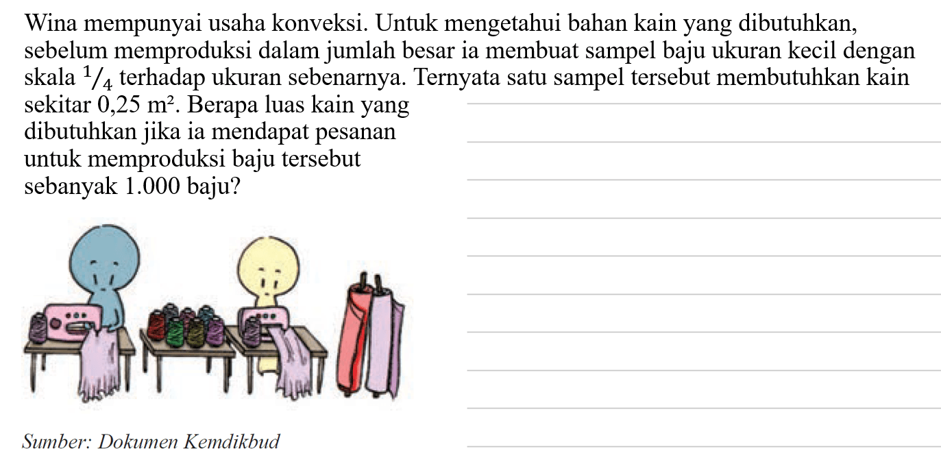 Wina mempunyai usaha konveksi. Untuk mengetahui bahan kain yang dibutuhkan, sebelum memproduksi dalam jumlah besar ia membuat sampel baju ukuran kecil dengan skala 1/4 terhadap ukuran sebenarnya. Ternyata satu sampel tersebut membutuhkan kain sekitar 0,25 m^2. Berapa luas kain yang dibutuhkan jika ia mendapat pesanan untuk memproduksi baju tersebut sebanyak 1.000 baju? Sumber: Dokumen Kemdikbud
